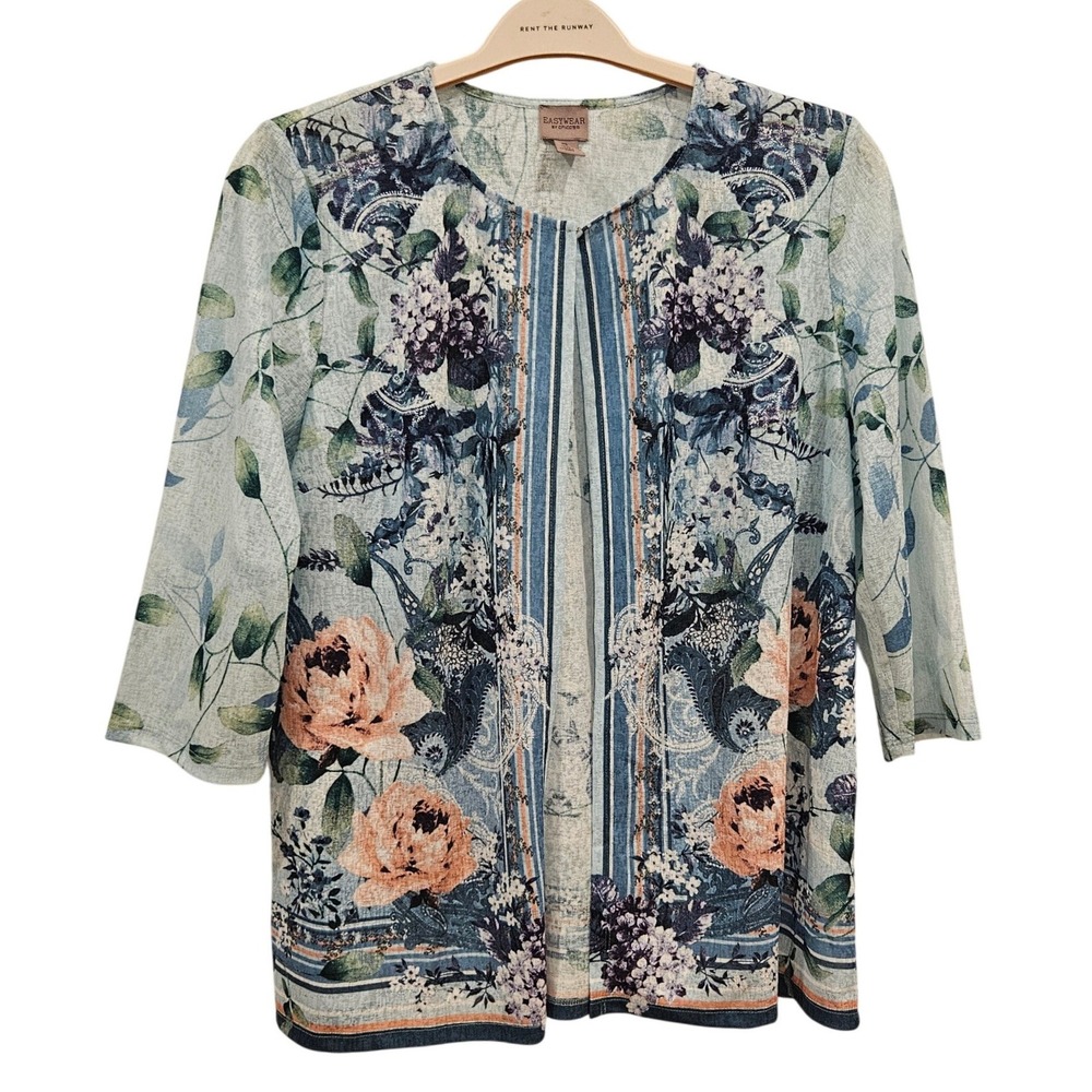 Easywear by Chicos Floral Paisley Open Front Cardigan Blue Peach Size 2 Large